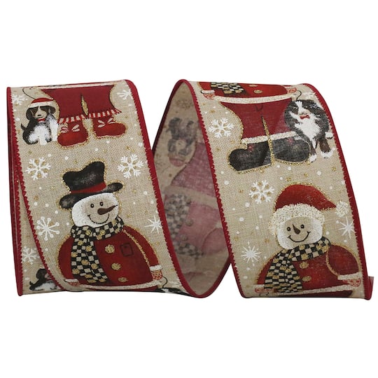 JAM Paper 2.5" x 10yd. Snowman Santa & Dog Linen Wired Ribbon